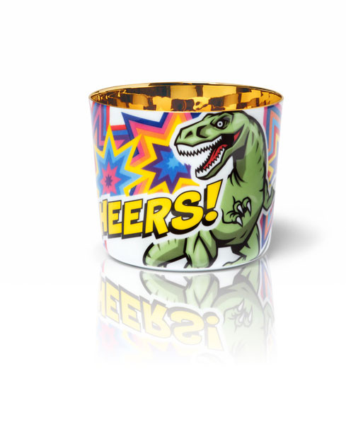 Tasse mit Dinosauriermotiv und "CHEERS!"-Text, bunte Sterne, innen goldener Rand. Fürstenberg Porzellan.