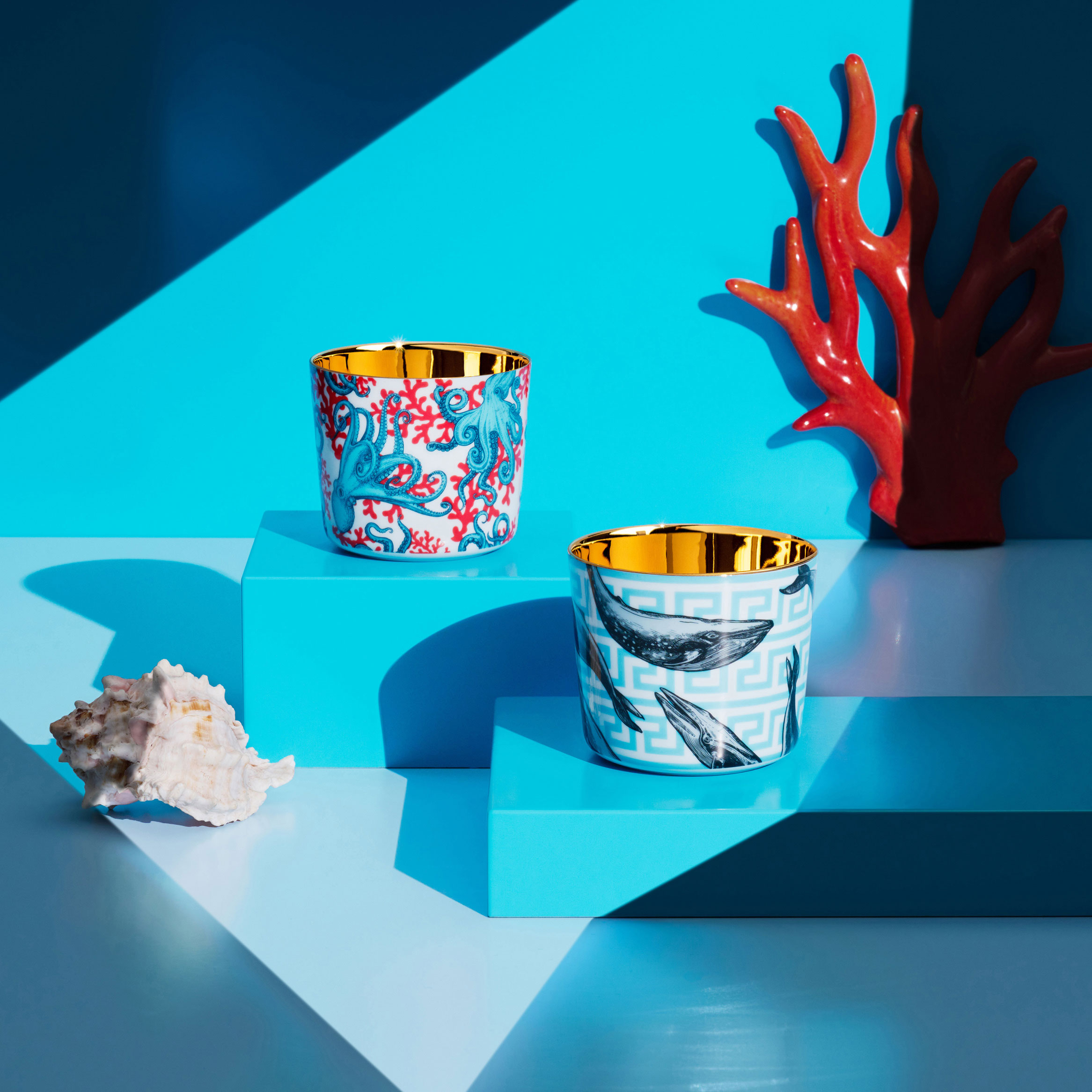 Zwei verzierte Porzellantassen auf blauen Podesten, umgeben von Meeresdekorationen. Fürstenberg Porzellan.