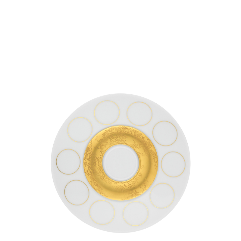 img1_un20147_700010_untertasse Weiße Porzellantasse mit kreisförmigem goldenen Dekor und Reliefgold. Fürstenberg Porzellan.
