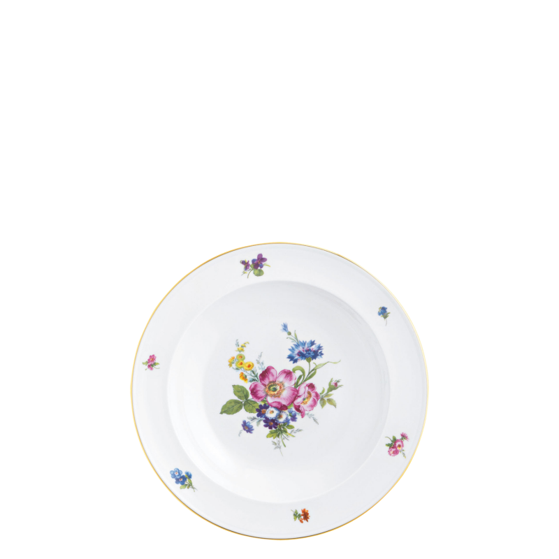 img1_tf_641212199_suppenteller Tiefer Porzellanteller mit buntem Blumendesign und goldener Kante. Fürstenberg Porzellan.