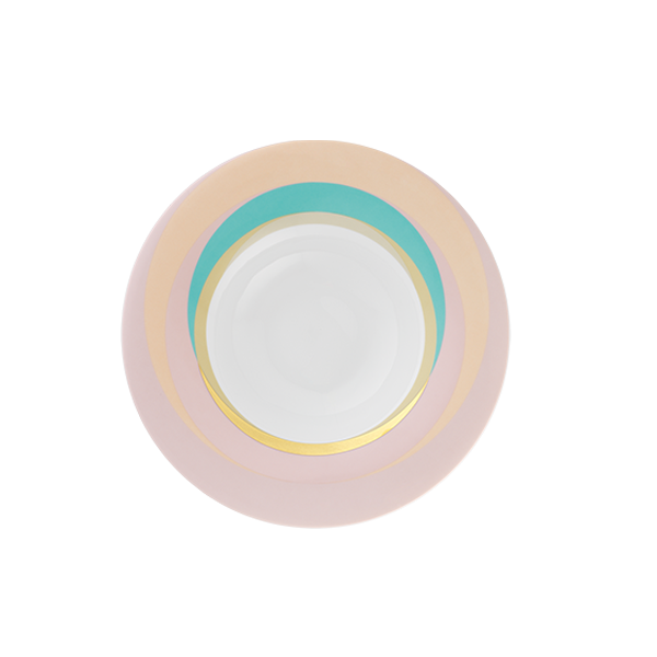 Runder Teller mit bunten Ringen in Weiß, Türkis, Rosa und Gold. Fürstenberg Porzellan.