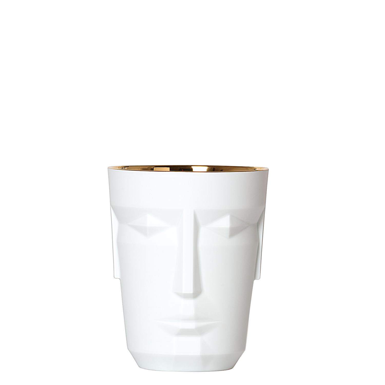 Weiße Porzellantasse mit Gesichtsmotiv, goldener Rand, minimalistisch gestaltet. Fürstenberg Porzellan. Weiße Porzellantasse mit Gesichtsmotiv, goldener Rand, minimalistisch gestaltet. Fürstenberg Porzellan.