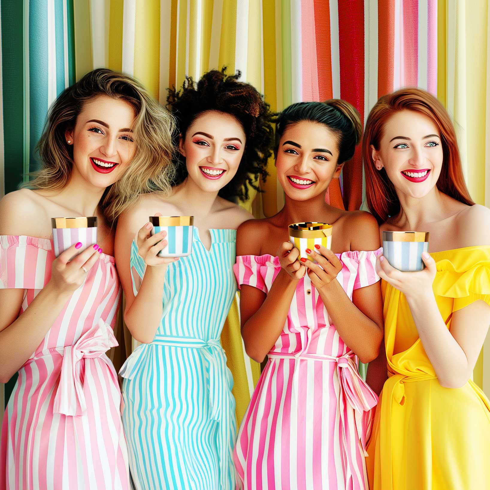 Vier Frauen halten bunte Tassen vor gestreiftem Hintergrund. Fürstenberg Porzellan.