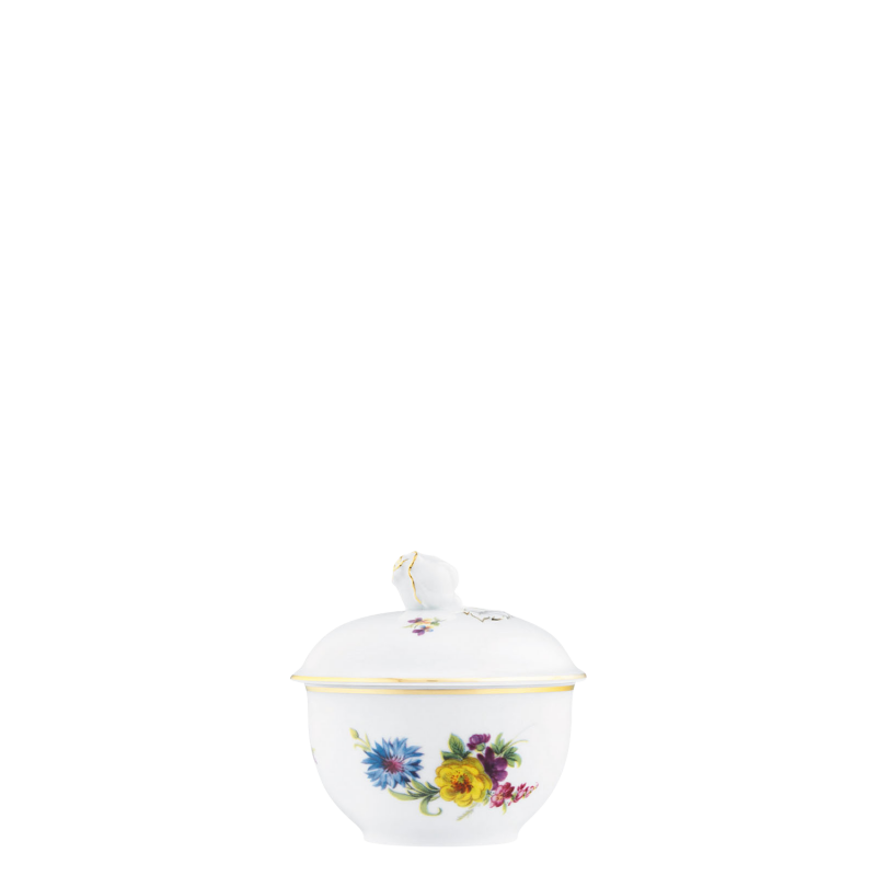 img1_zd_641002199_zuckerdose Weiße Porzellandose mit Deckel, Blumenmotiv, goldene Verzierungen. Fürstenberg Porzellan.
