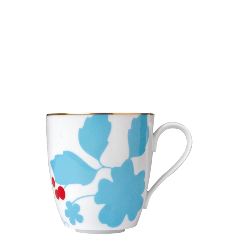 img1_ob2007195700_kaffeebecher Weiße Tasse mit blauer Blumenmotiv und goldener Randverzierung. Fürstenberg Porzellan.
