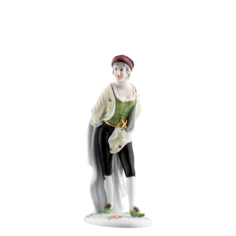 img1_pl_266__farb_pantalone Porzellanfigur steht elegant mit grüner Weste, schwarzer Hose, weißer Strumpf. Fürstenberg Porzellan.