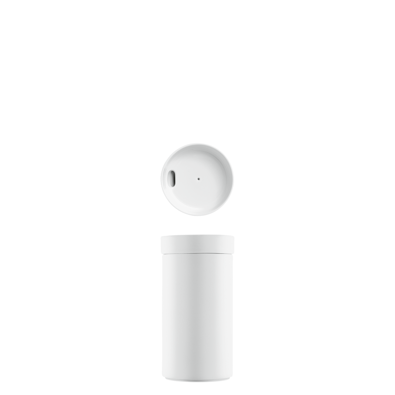 img1_tg2018251001_to_go_thermobecher Weißer, zylindrischer Becher mit abgenommenem Deckel; modernes Design. Fürstenberg Porzellan.