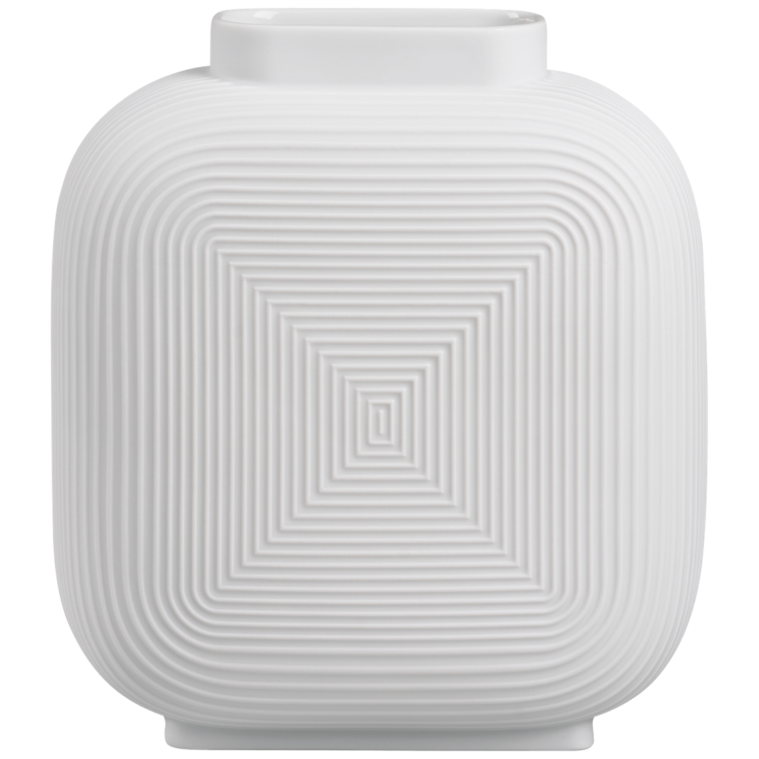 Weiße quadratische Vase mit gestuften, konzentrischen Quadraten als Relief. Fürstenberg Porzellan.