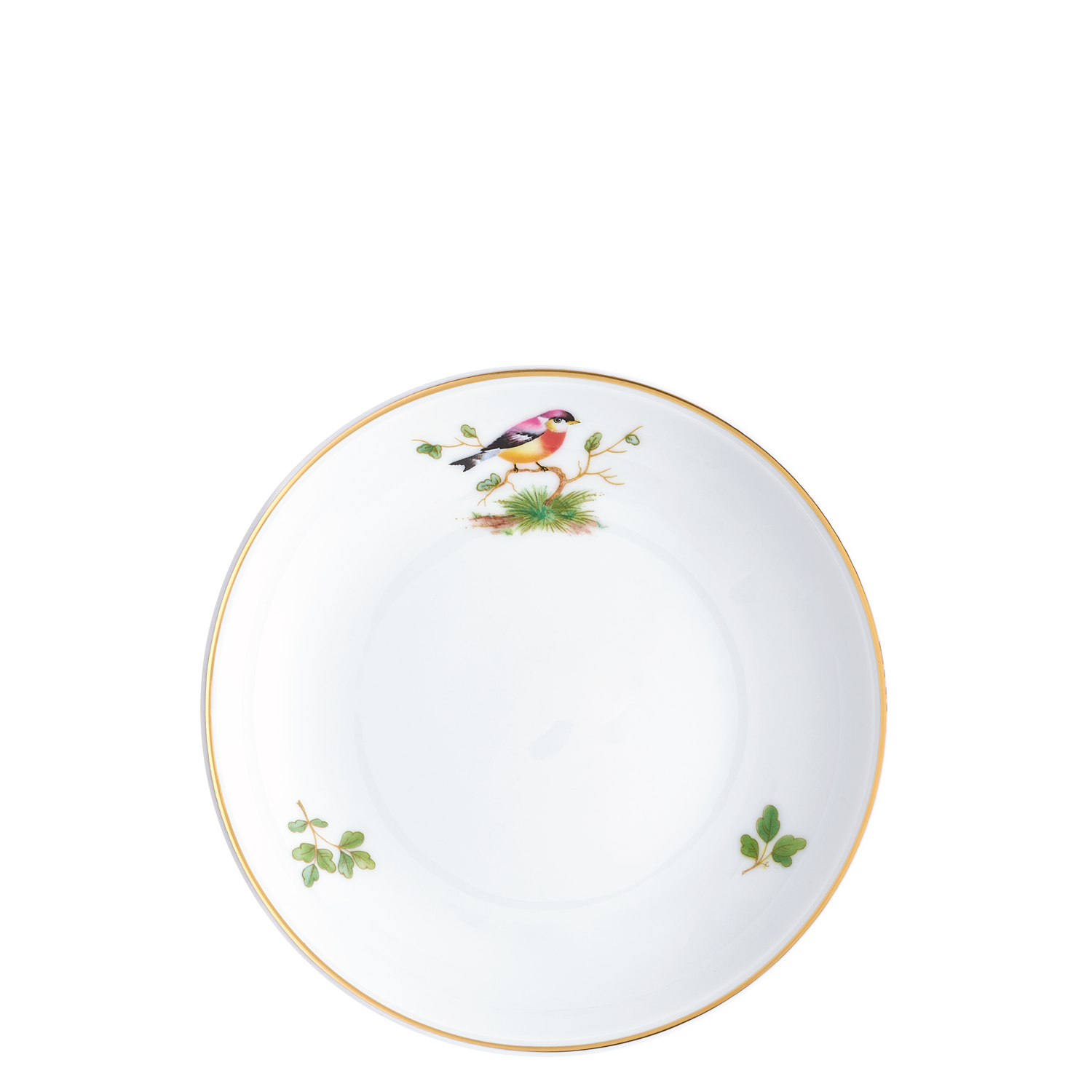 Kaffeeuntertasse Ein weißer Teller mit Farbspatz- und Blattdekor auf goldenem Rand. Fürstenberg Porzellan.