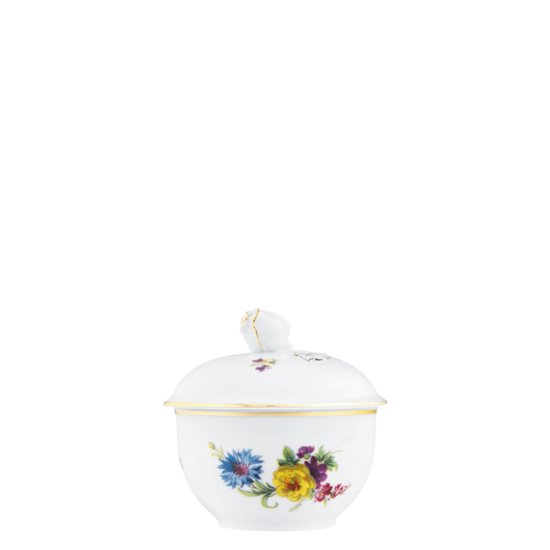 img1_zd_6410_2199_zuckerdose Porzellanschüssel mit Deckel, Blumendekor und goldenen Akzenten, steht aufrecht. Fürstenberg Porzellan.