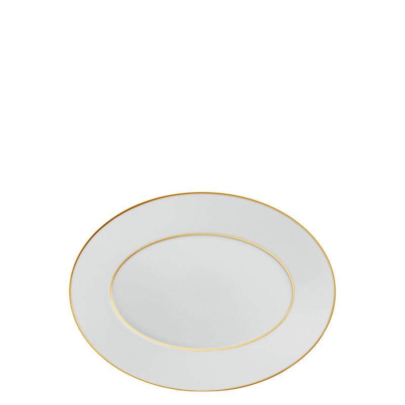 img1_ov20111_5901_platte_oval Weiße Porzellanplatte mit zwei goldenen Rändern, minimalistisch gestaltet. Fürstenberg Porzellan.