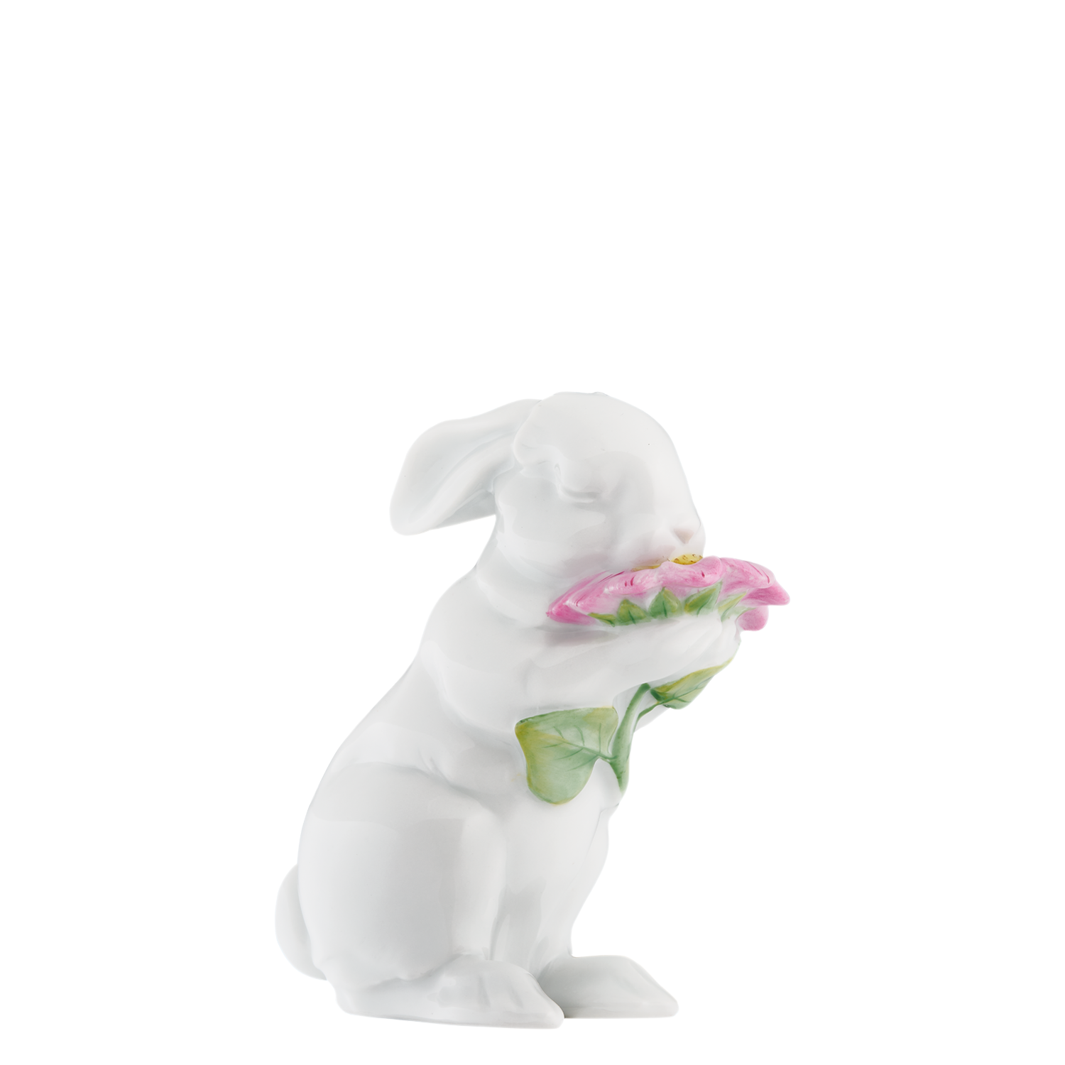 HASE 2025 AMELIE Weiße Hasenfigur hält rosa Blume mit grünen Blättern. Fürstenberg Porzellan.