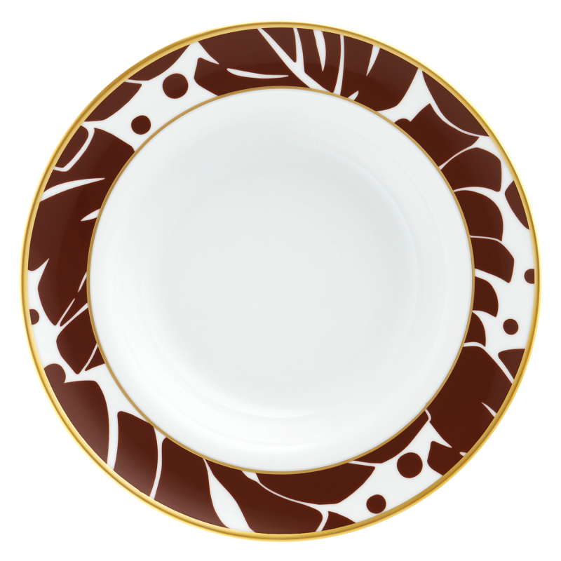 img1_tf20142370024_suppenteller Porzellanteller mit braunem Blattmuster und goldener Umrandung. Fürstenberg Porzellan.
