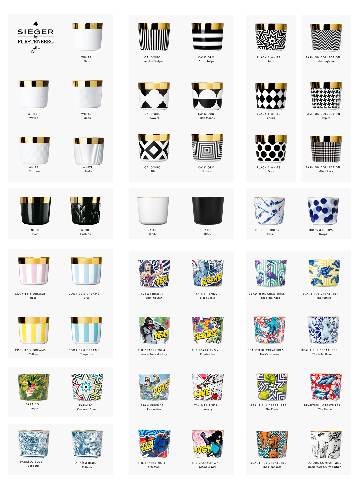 Tassen mit vielfältigen Mustern und Farben, teilweise mit Goldrand, beschrieben. Fürstenberg Porzellan.