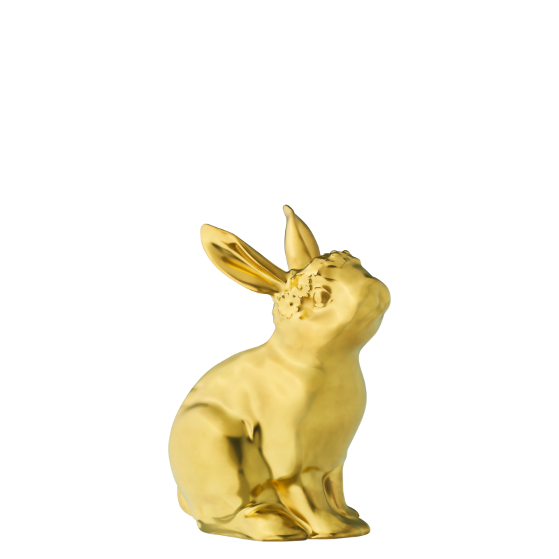 img1_pl1904126049_jahreshase_2023_flora Goldener Hase sitzt aufmerksam, Schmucksammler-Edition, glänzend. Fürstenberg Porzellan.