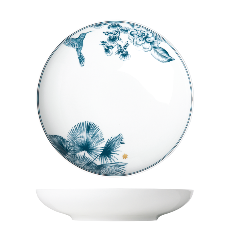 img1_tf2007265713_pastateller Weißer Porzellanteller, dekoriert mit blauen Blumen, Kolibri und Blättern. Fürstenberg Porzellan.