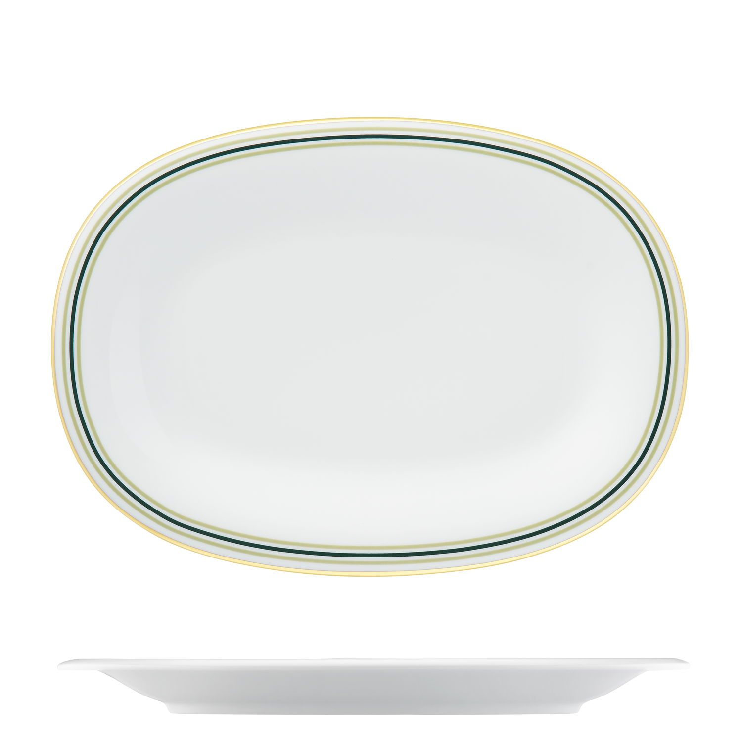 Platter oval  Ovaler Teller mit gelbem und grünem Rand auf weißem Hintergrund. Fürstenberg Porzellan.