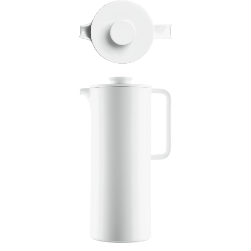 img1_kk20183_1000_french_press Weißer zylindrischer Porzellan-Krug mit abgenommenem Deckel, aufrecht platziert. Fürstenberg Porzellan.