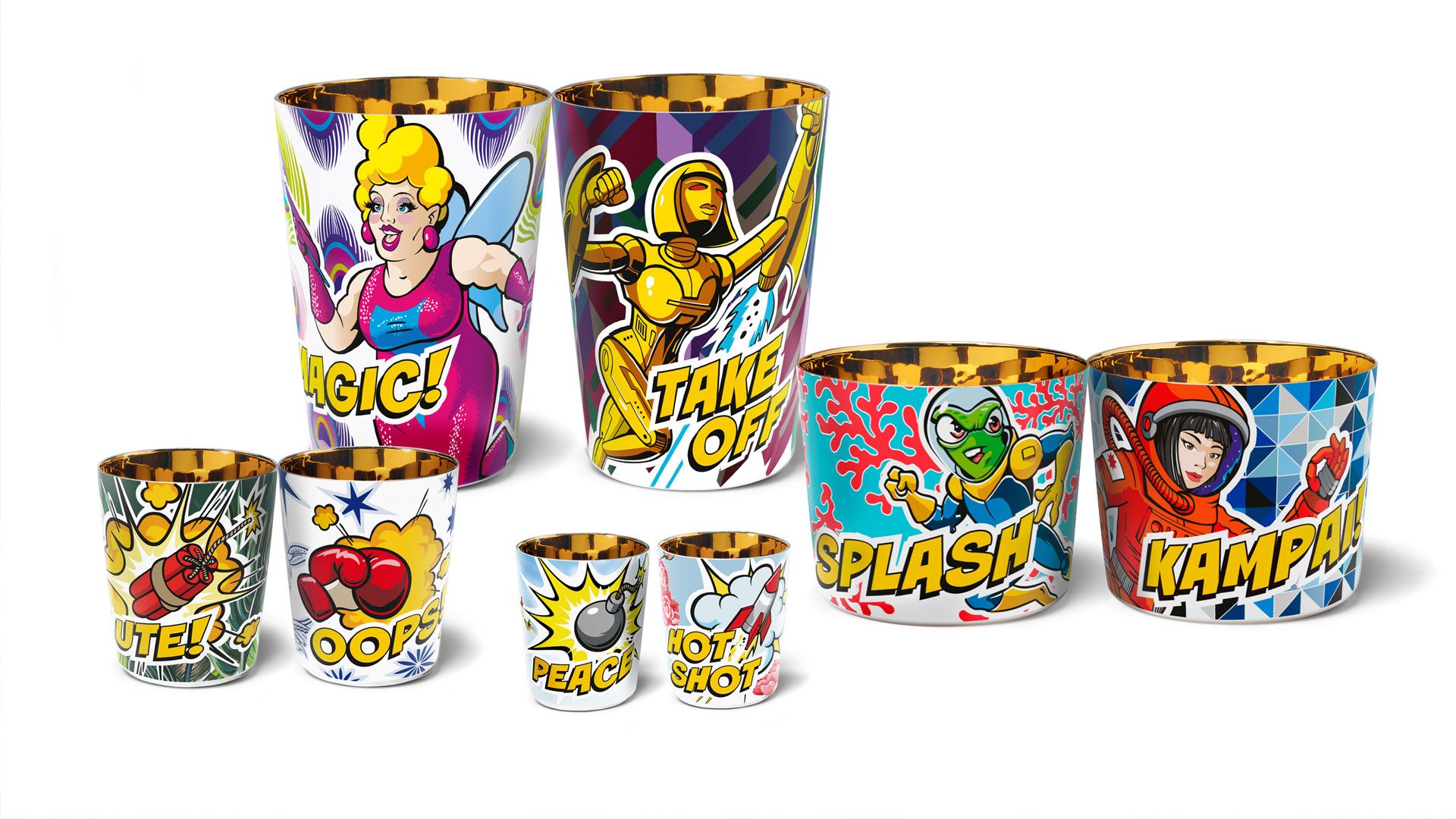 Bunte Becher mit Comic-Motiven und Texten: MAGIC!, TAKE OFF, SPLASH, KAMPAI!, CUTE!, OOPS, PEACE, HOT SHOT. Fürstenberg Porzellan.