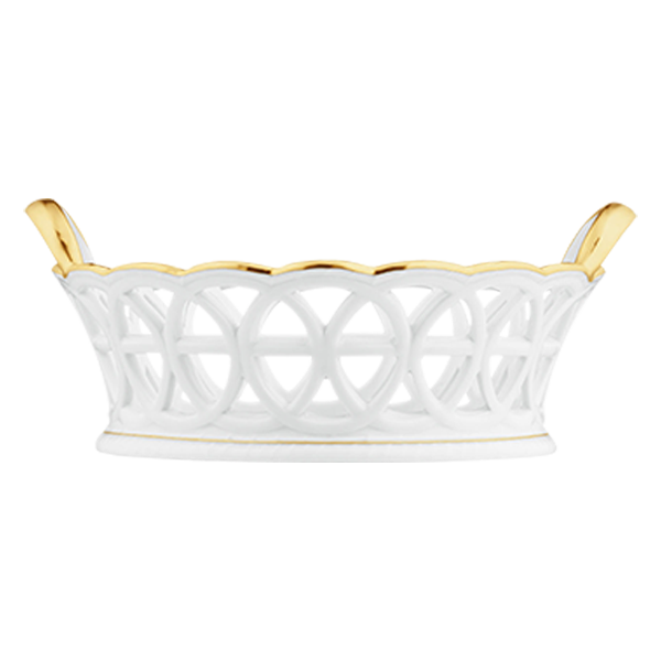 Weiße Porzellanschale mit goldenen Henkeln und durchbrochenem Muster. Fürstenberg Porzellan.
