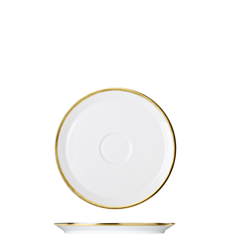 img1_un20095_5703_untertasse_universal Weiße Untertasse mit goldener Umrandung, schwebend dargestellt. Fürstenberg Porzellan.