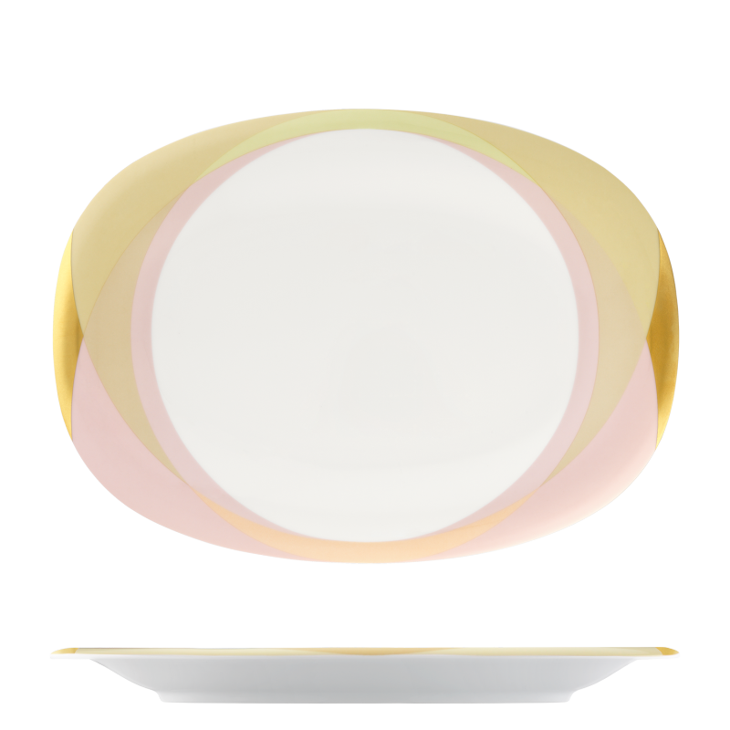 img1_ov20161_7101_platte_oval Weiße Porzellanplatte mit gelben und rosa geometrischen Mustern, seitlich sichtbar. Fürstenberg Porzellan.