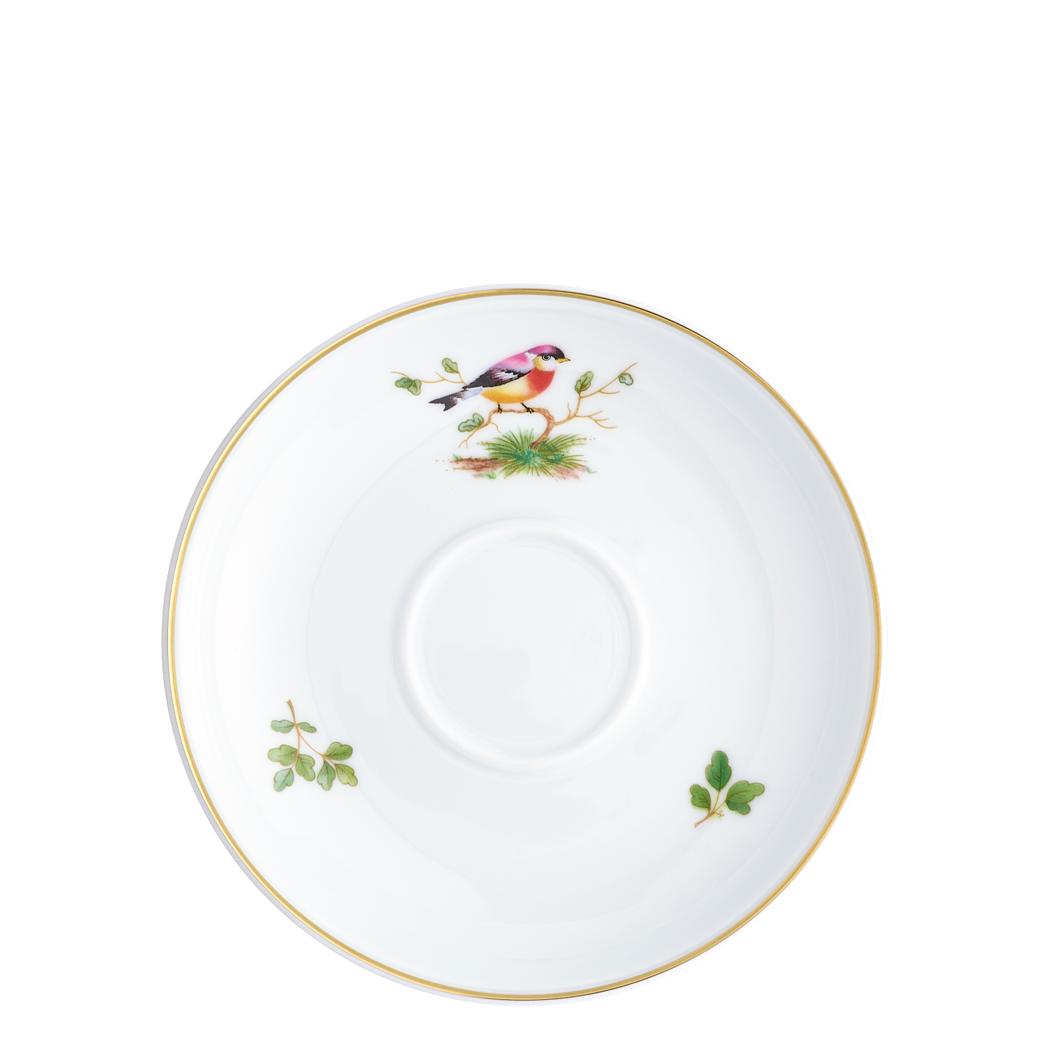 Coffee saucer with insert Porzellanteller mit Vogelmotiv und goldener Randverzierung, umgeben von Blattdekorationen. Fürstenberg Porzellan.