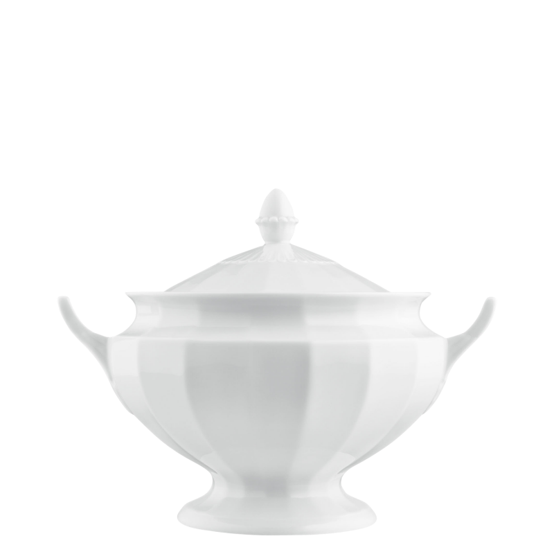 img1_ra_729__weiss_schuessel_mit_deckel Weiße Porzellansuppenschüssel mit Deckel und seitlichen Griffen, klassisches Design. Fürstenberg Porzellan.