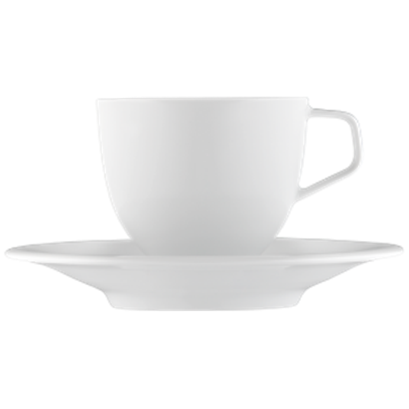 Weiße Kaffeetasse mit goldener Innenverzierung und blauer Linie auf Untertasse. Fürstenberg Porzellan.