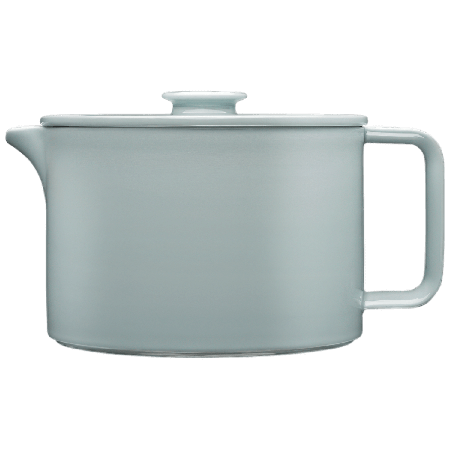 Graue Porzellanteekanne mit Henkel, Deckel schwebt darüber. Fürstenberg Porzellan.