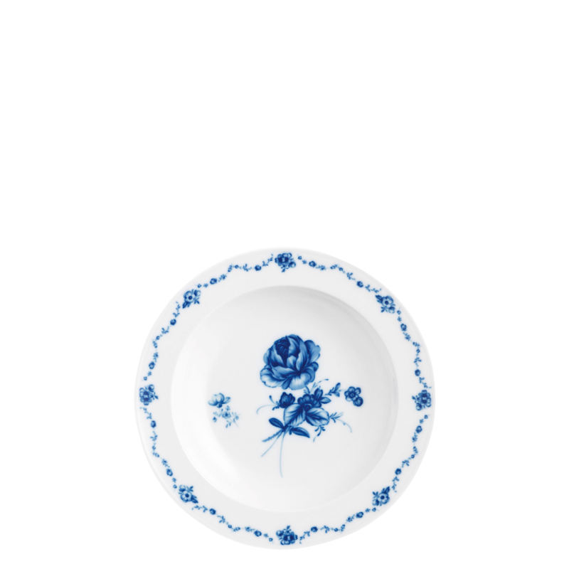 img1_tf_641212497_suppenteller Weißer Teller mit blauen Blumenmustern, zentral große Blume, ornamentierter Rand. Fürstenberg Porzellan.