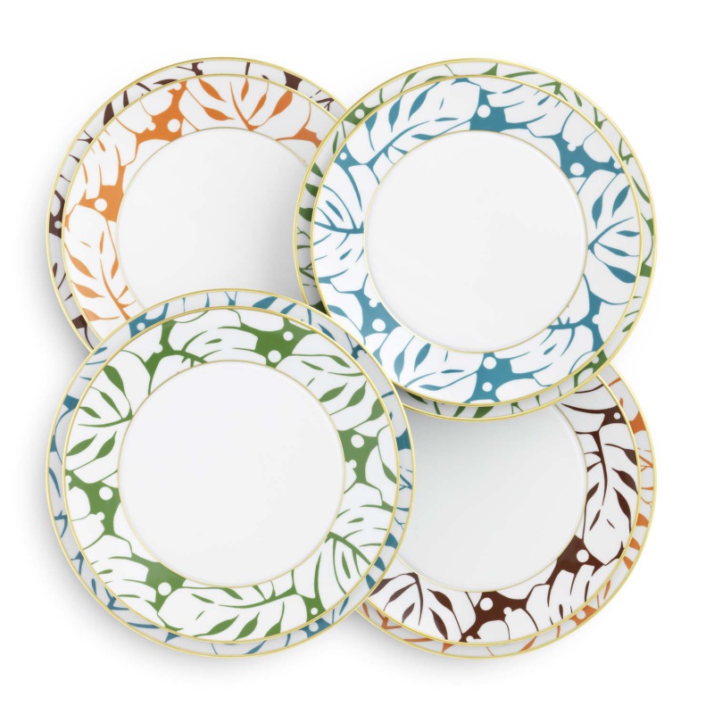 img2_fl20142970022_speiseteller Vier farbige Porzellanteller mit floralem Blattmuster und goldenen Rändern. Fürstenberg Porzellan.