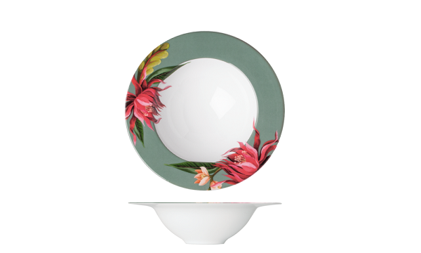 Suppenteller aus Porzellan mit grünem Rand und großem roten Blütenmotiv