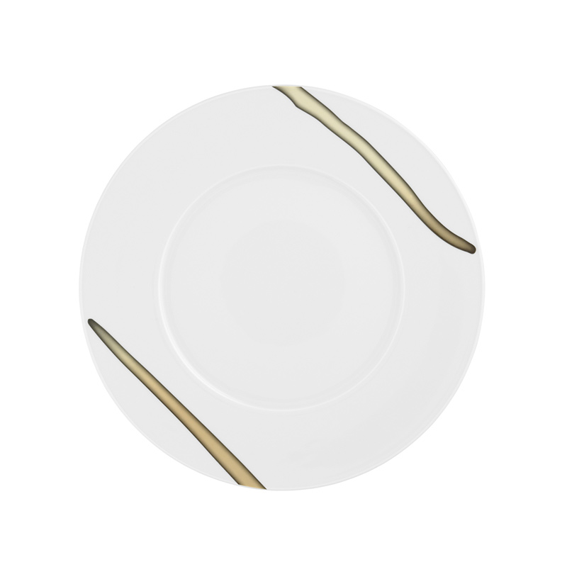 Weißer Teller mit zwei geschwungenen, goldenen Streifen auf der Oberfläche. Fürstenberg Porzellan.