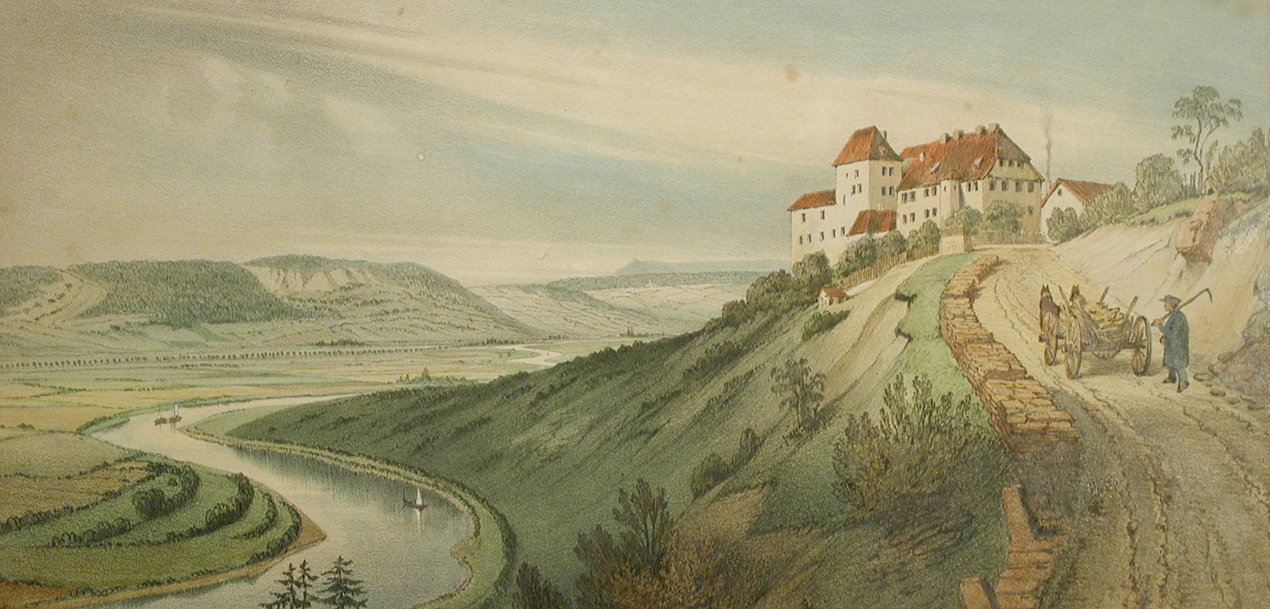 Burg auf Hügel; Bauer führt Pferdekarren; Fluss schlängelt durch weite Landschaft. Fürstenberg Porzellan.