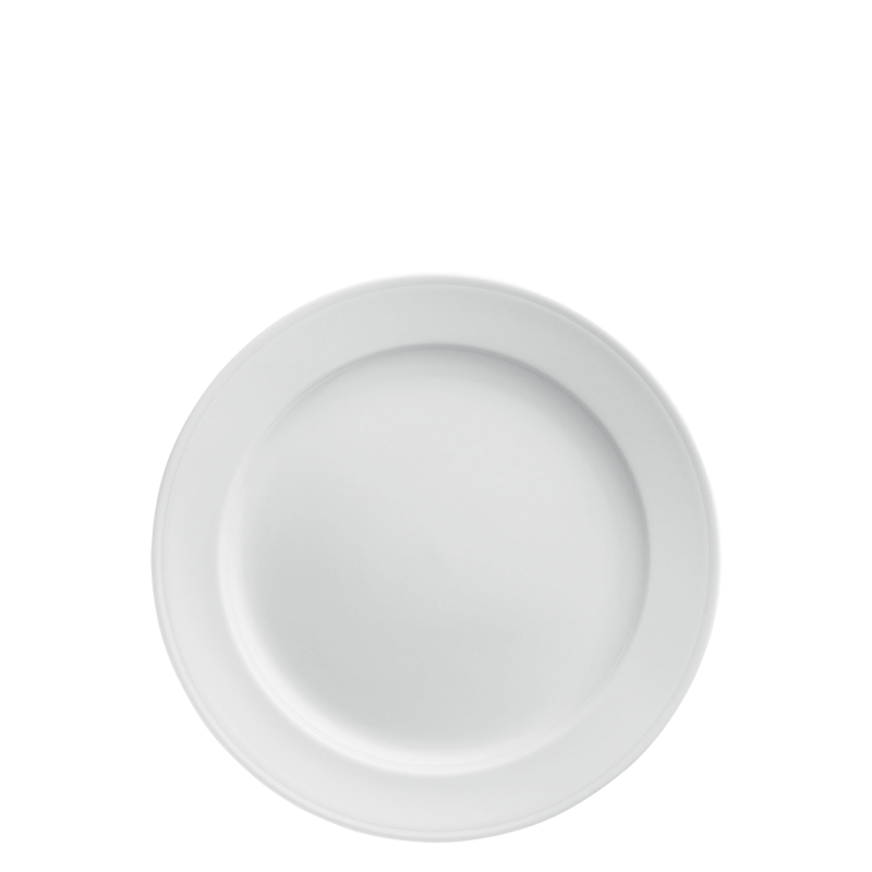 Speiseteller Weißer, schlichter Porzellanteller liegt auf einem neutralen Hintergrund. Fürstenberg Porzellan.