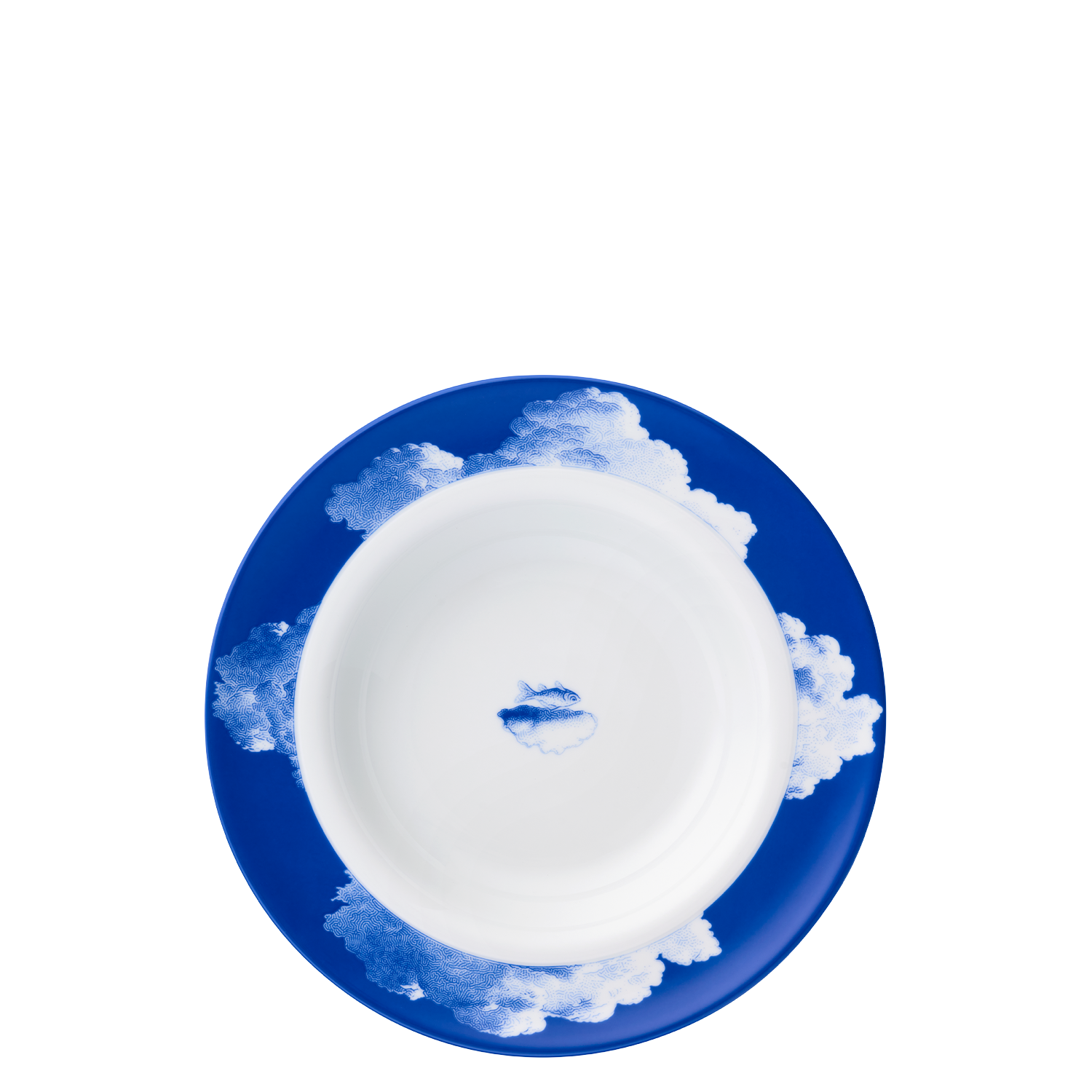 Suppenteller Weiß-blaue Porzellanschüssel mit Wolkenmotiv auf blauem Rand, dekorativ gestaltet. Fürstenberg Porzellan.