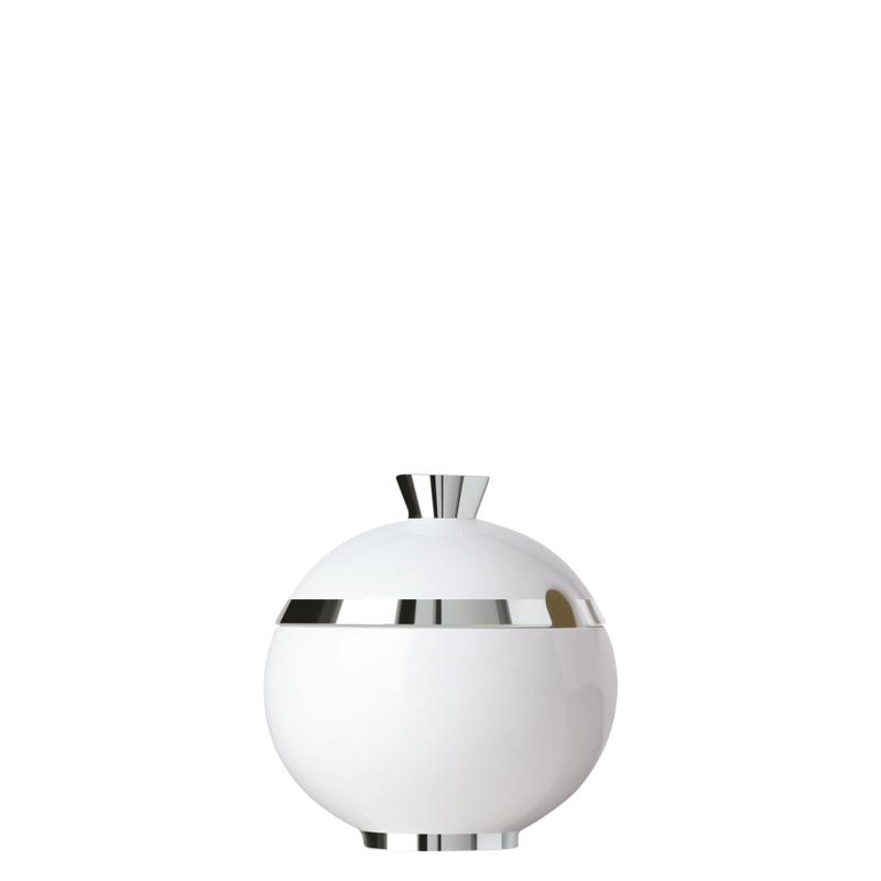 img1_zd20073_5701_zuckerdose Weiße, runde Dose mit silbernen Streifen und Deckel, glänzend, minimalistisch. Fürstenberg Porzellan.