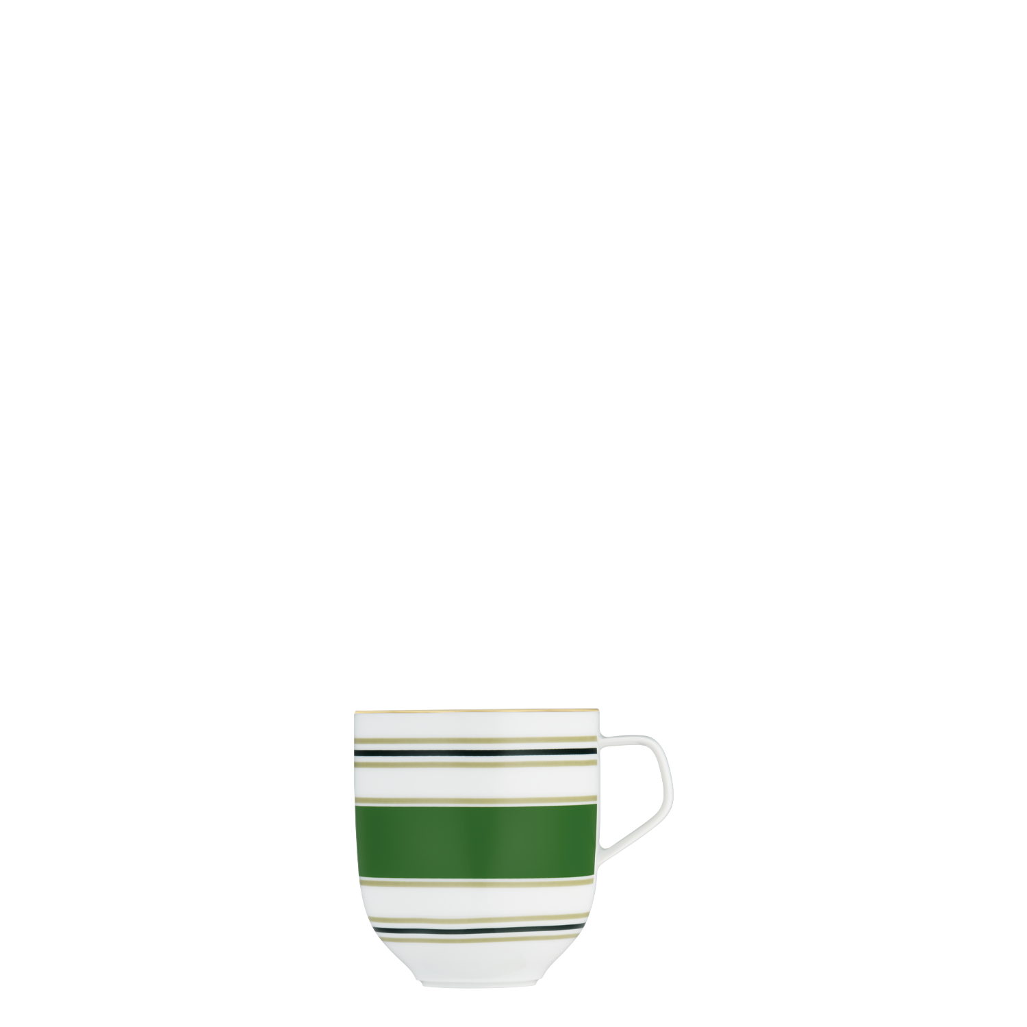 Becher  Weiße Tasse mit grünen und goldenen Streifen, seitlich, auf weißem Hintergrund. Fürstenberg Porzellan.
