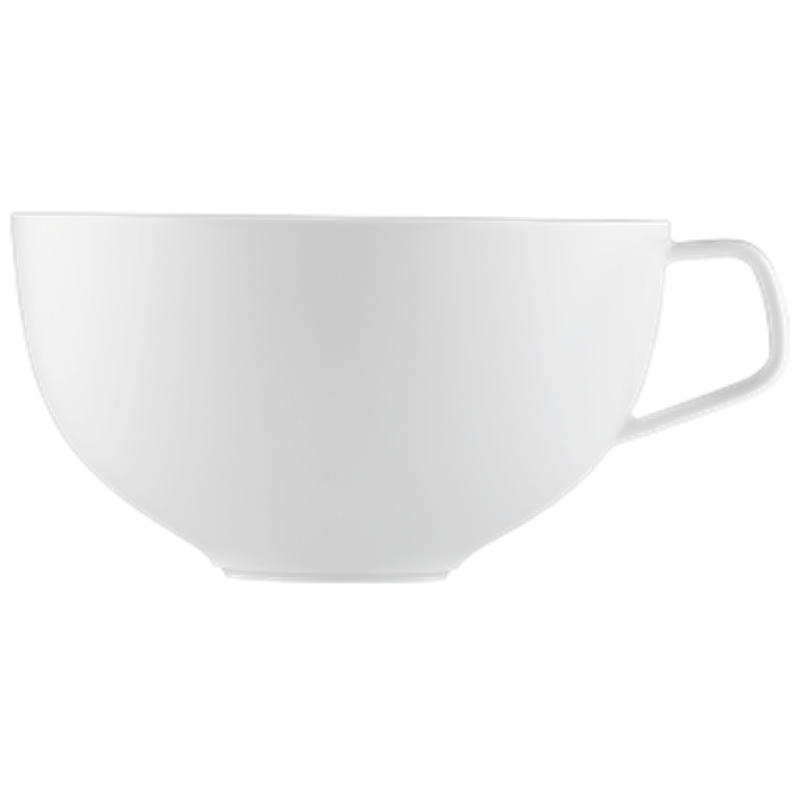 Weiße Teetasse mit goldenem Punkt im Inneren, seitlich und von oben. Fürstenberg Porzellan.