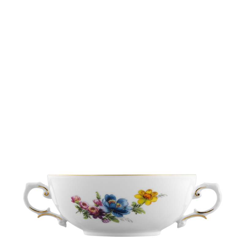img1_ob_641202199_suppenobertasse Weiße Porzellantasse mit buntem Blumenmotiv, geschwungenen Henkeln und goldener Kante. Fürstenberg Porzellan.
