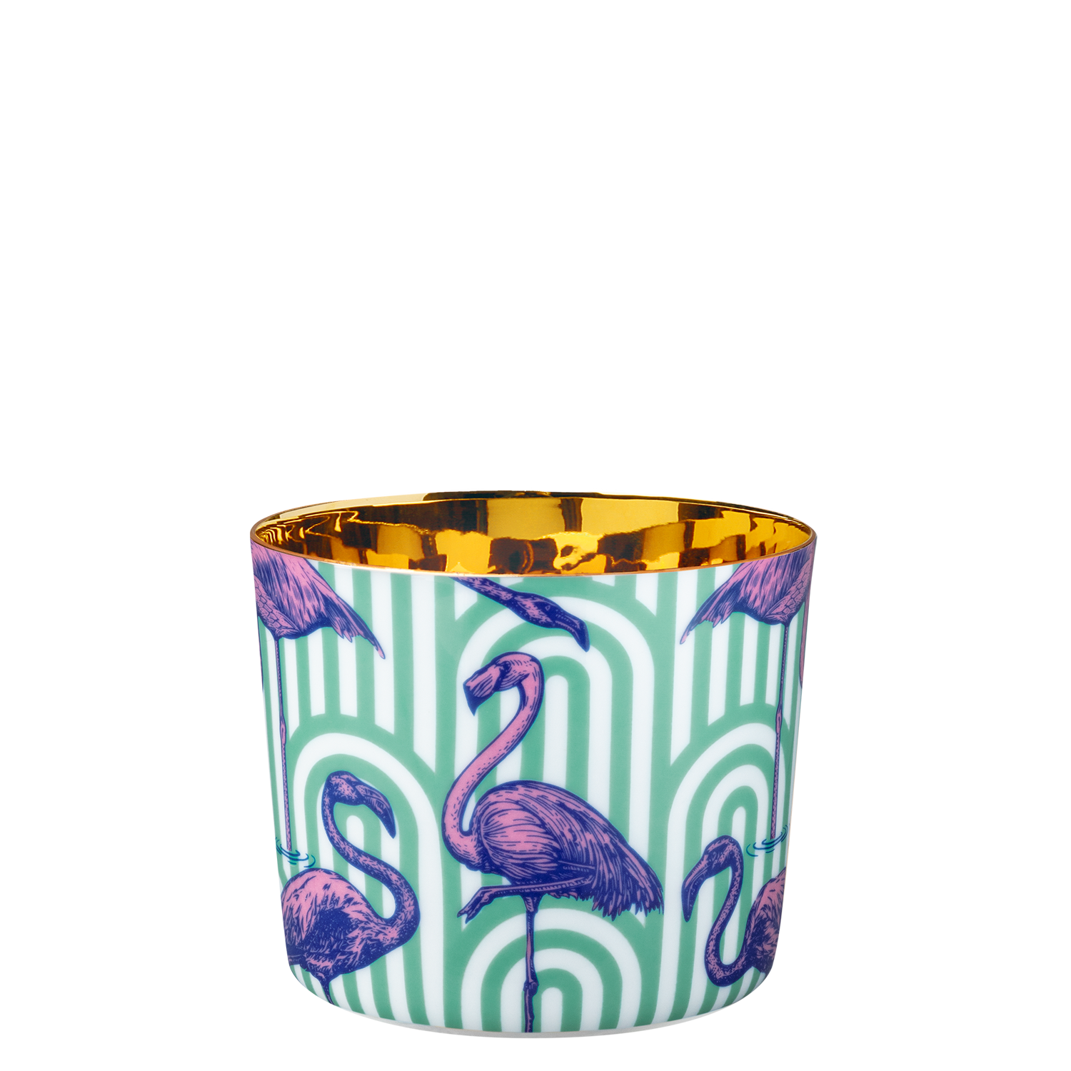 Champagne goblet THE FLAMINGOS Becher zeigt lila Flamingos auf grünem Muster, Innenfläche in Goldoptik. Fürstenberg Porzellan.