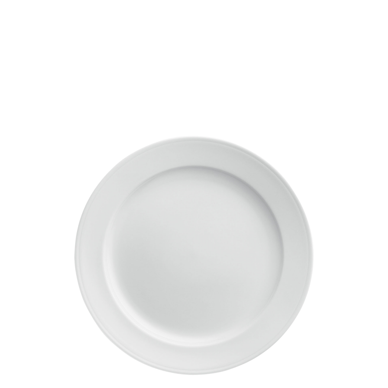 Dinner plate Weißer, runder Porzellanteller liegt flach auf weißem Hintergrund. Fürstenberg Porzellan.
