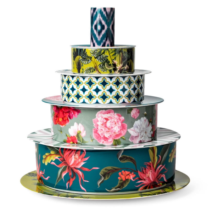 img2_sl2006265712_schale_xl Mehrschichtige Tortenständer, bunt gemustert, verschiedene florale und geometrische Designs. Fürstenberg Porzellan.