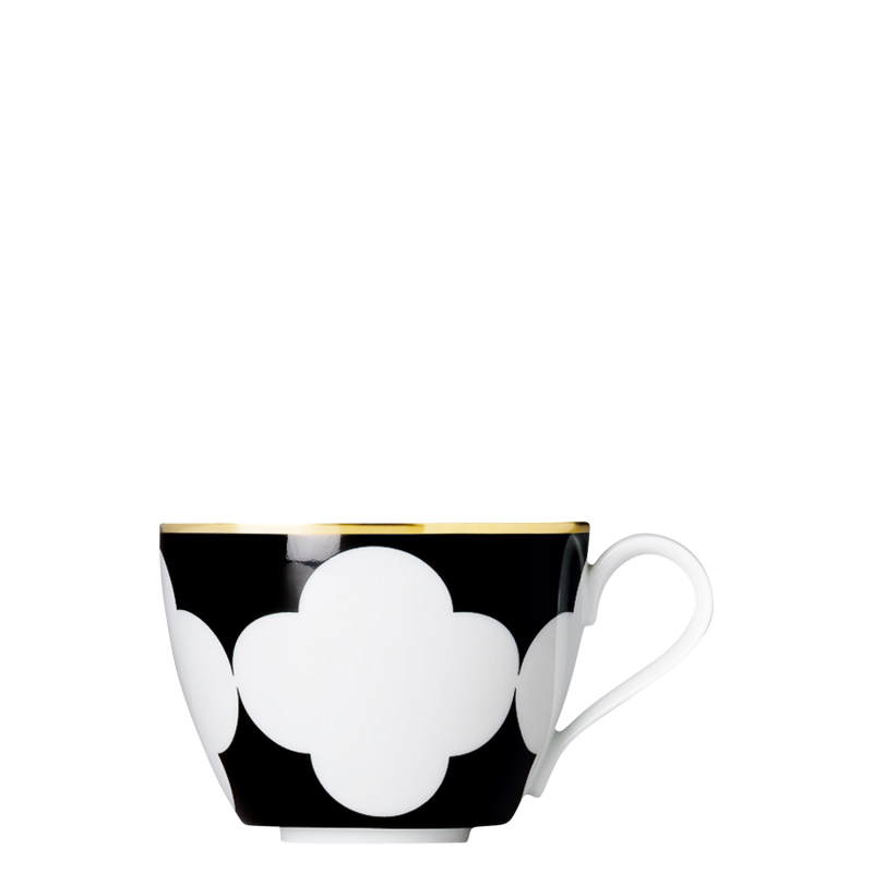 img1_ob20075_5705_kaffeeobertasse Tasse mit weißem Muster auf schwarzem Hintergrund, goldener Rand, Henkel rechts. Fürstenberg Porzellan.