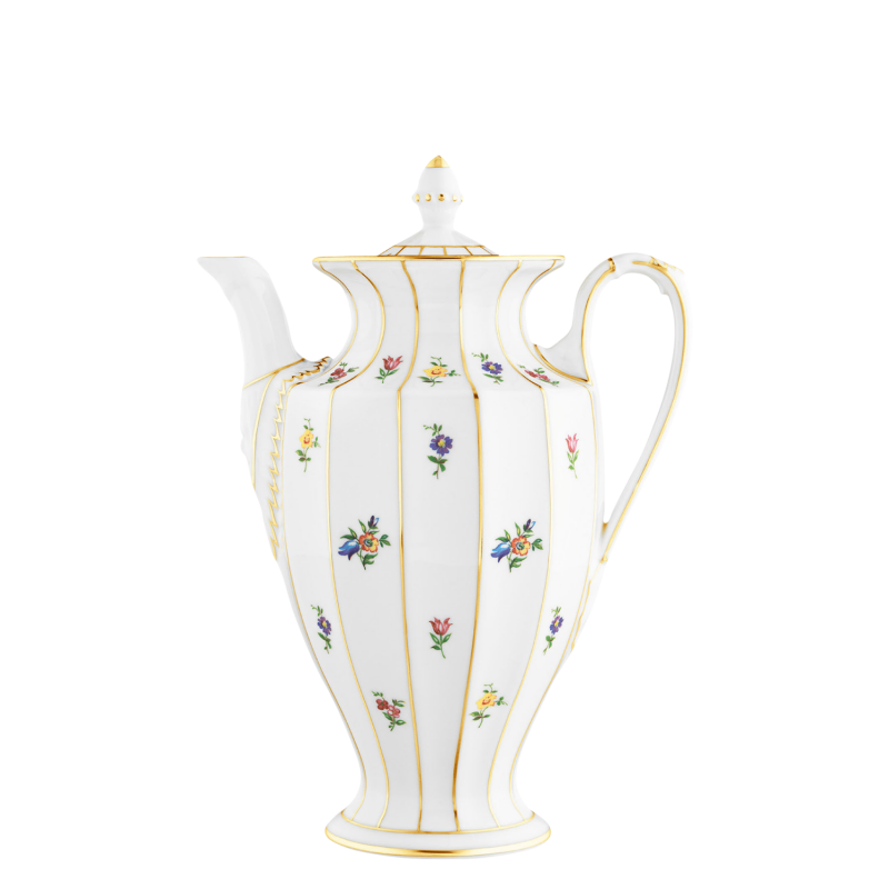 img1_kk_7293_1729_kaffeekanne Weiße Porzellankanne mit goldenen Linien und bunten Blumendekoren, elegant gestaltet. Fürstenberg Porzellan.