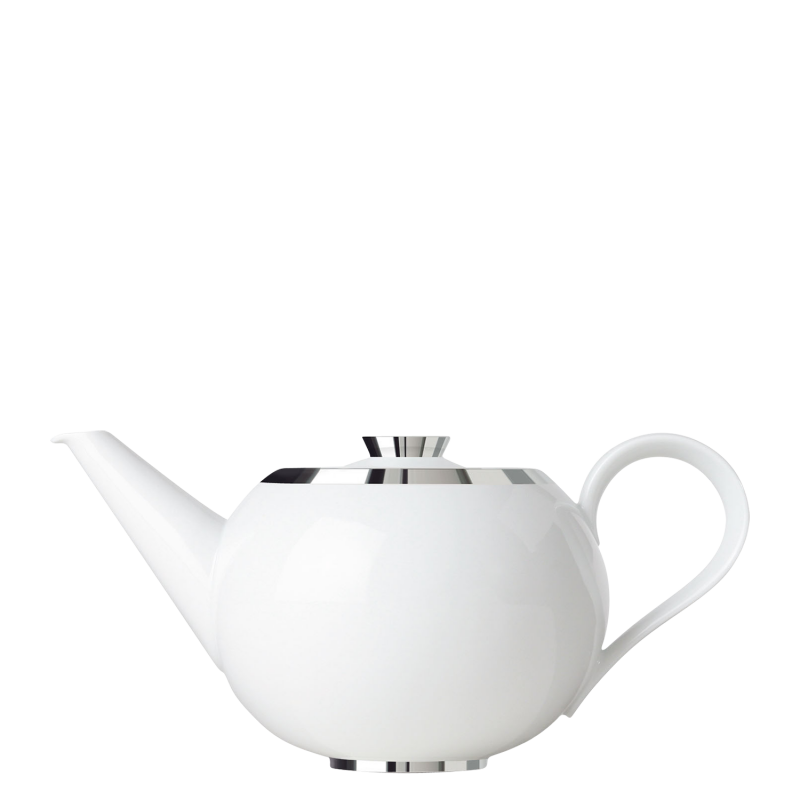 img1_tk20073_5701_teekanne_mit_teesieb Weiße Teekanne mit silbernem Rand und Deckel, auf weißem Hintergrund. Fürstenberg Porzellan.