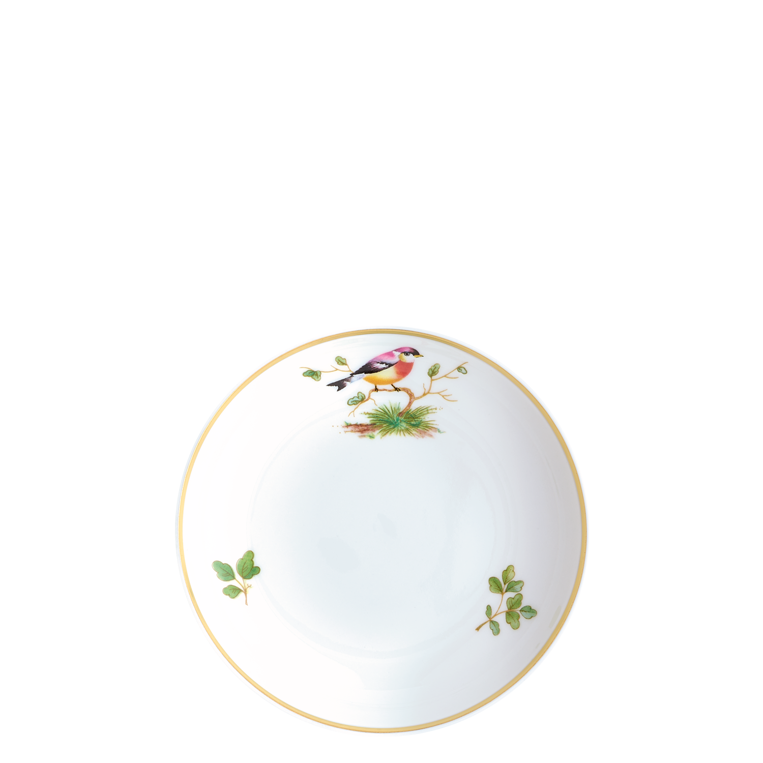 Espressountertasse Porzellan-Teller mit Vogel- und Blatt-Dekor, goldener Rand. Fürstenberg Porzellan.