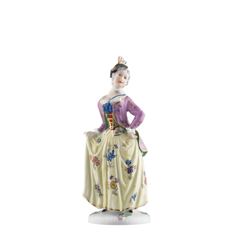 img1_pl_280__farb_ragonde Porzellanfigur einer Frau, posierend mit floralem Kleid und violettem Oberteil. Fürstenberg Porzellan.