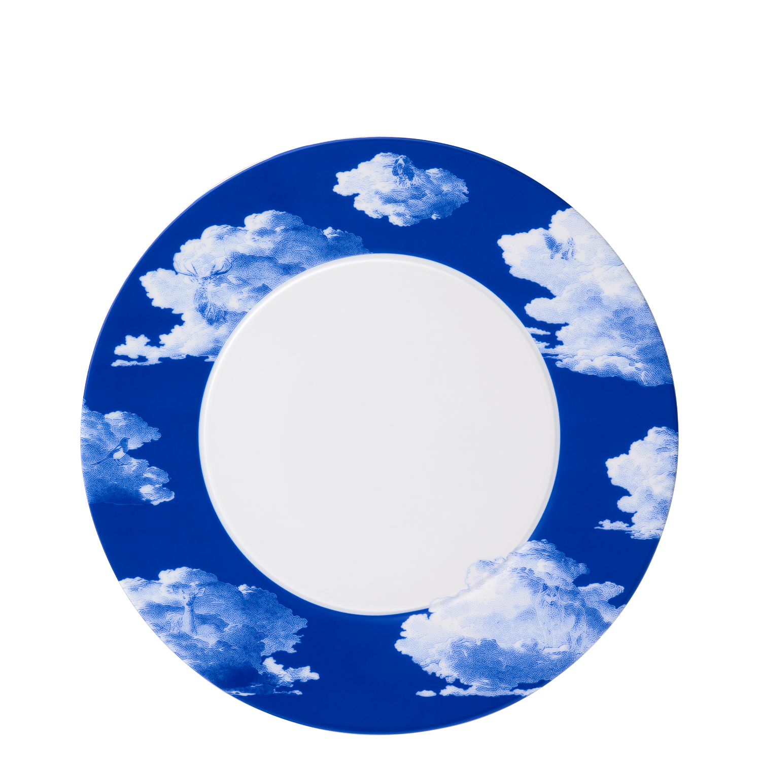 Platzteller Blauer Teller mit weißen Wolkenmuster, zentrale Fläche weiß. Fürstenberg Porzellan.
